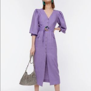 UTERQUE Puff Sleeve Linen Cotton Statement Dress